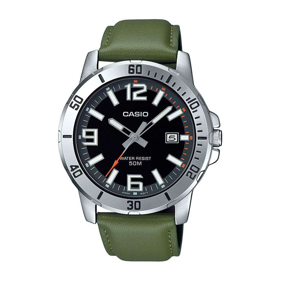 Casio MTP VD01L 3BVUDF Army Green Leather Watch for Men